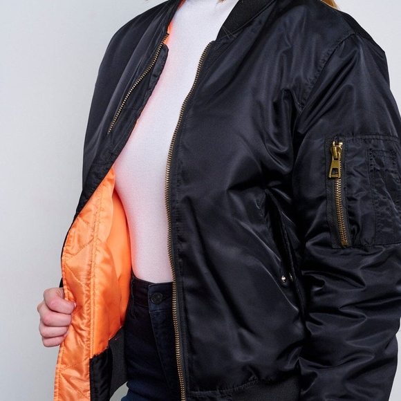 Women's Black Bomber Jacket with Orange Lining - Picture 2 of 14